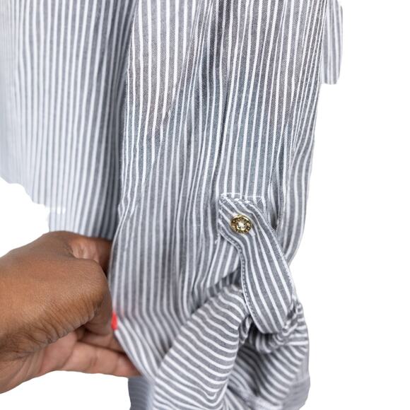 Jones New York Gray White Stripe Button Down Blouse, Small - Picture 6 of 7